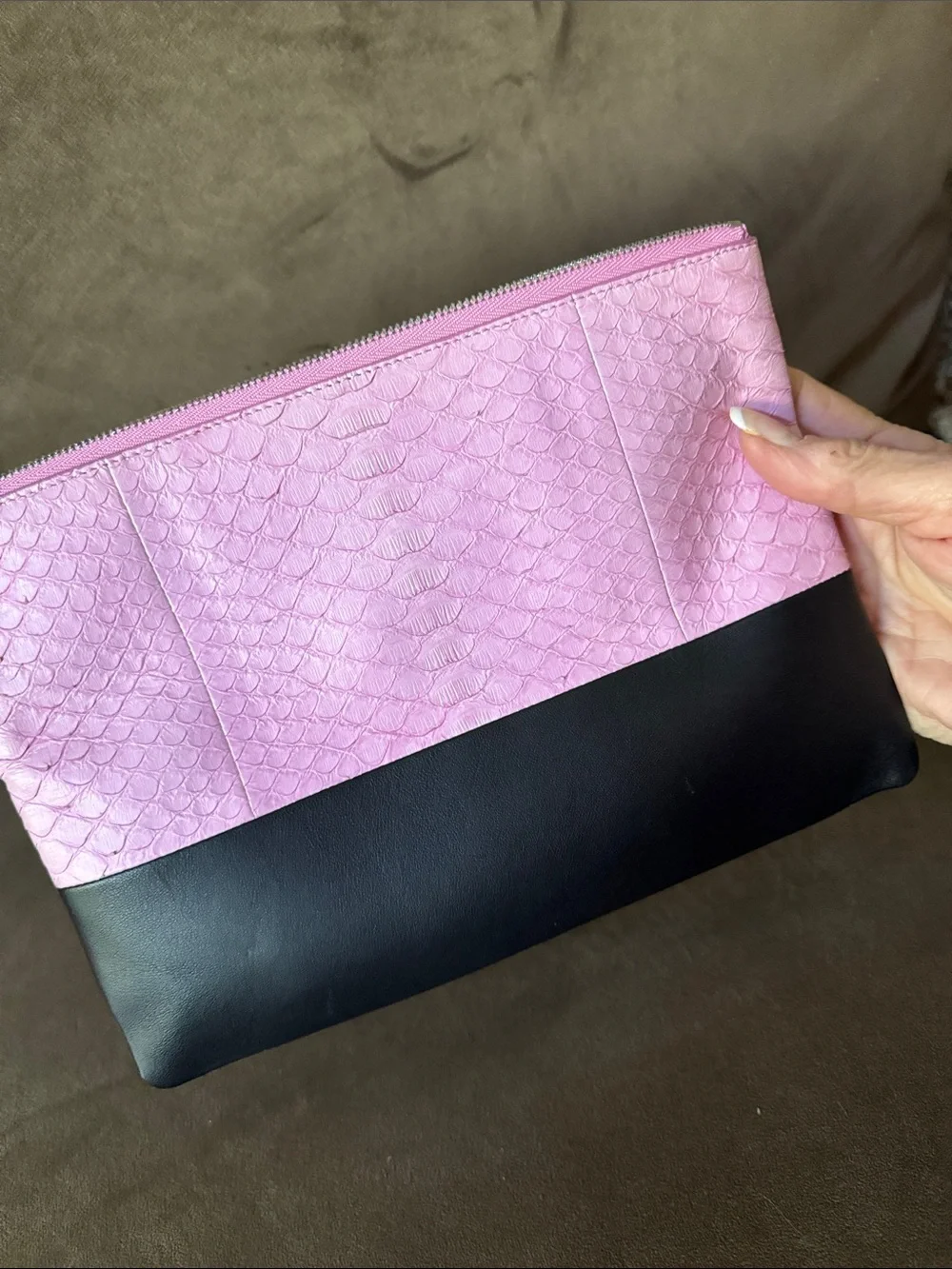Celine Python Pink Embossed Leather & Black Leather Large Zip Clutch/Pouch - Picture 5 of 7